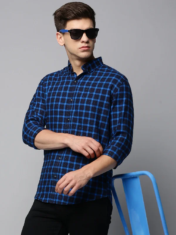Men's Stretch - Fabric Casual Shirts in Navy Blue for a Comfortable and Flexible FitMen Navy Checked Casual Shirt Men's Stretch - Fabric Casual Shirts in Navy Blue for a Comfortable and Flexible FitMen Navy Checked Casual Shirt