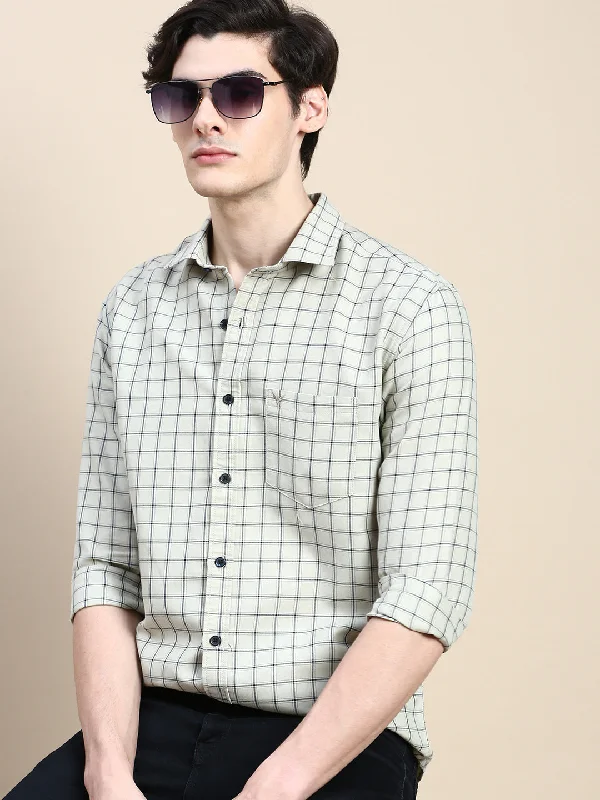 Men's Sustainable Recycled Material Casual Shirts for Eco - Conscious ConsumersMen Spread Collar Checked Beige Shirt Men's Sustainable Recycled Material Casual Shirts for Eco - Conscious ConsumersMen Spread Collar Checked Beige Shirt
