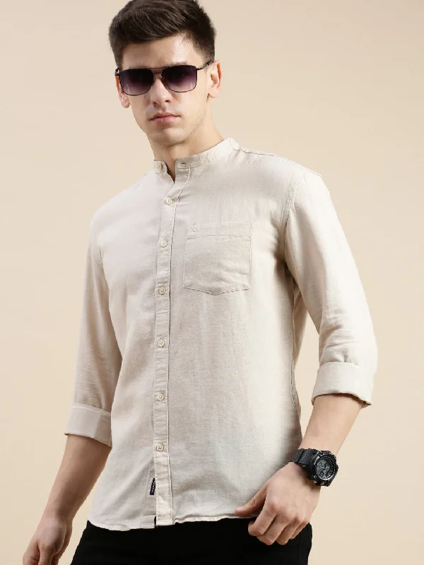 Men's Embroidered Detail Casual Shirts in Beige for a Touch of EleganceMen Mandarin Collar Solid Beige Shirt