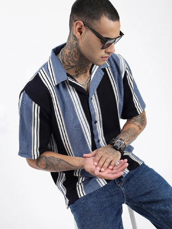 Men's Linen Blend Casual Shirts with Roll - Up Sleeves for a Summer Beach LookMen Striped Blue Relaxed Fit Shirt Men's Linen Blend Casual Shirts with Roll - Up Sleeves for a Summer Beach LookMen Striped Blue Relaxed Fit Shirt