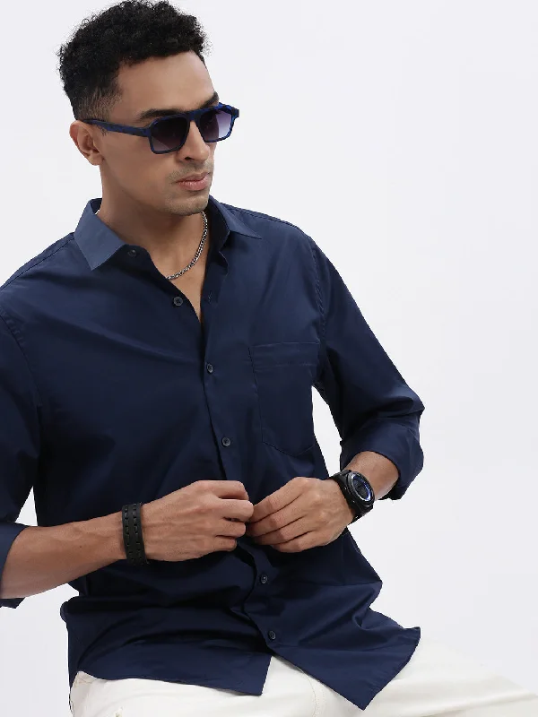 Men's Wrinkle - Resistant Polyester Blend Casual Shirts for Easy Travel and MaintenanceMen Navy Blue Solid Slim Fit Shirt Men's Wrinkle - Resistant Polyester Blend Casual Shirts for Easy Travel and MaintenanceMen Navy Blue Solid Slim Fit Shirt