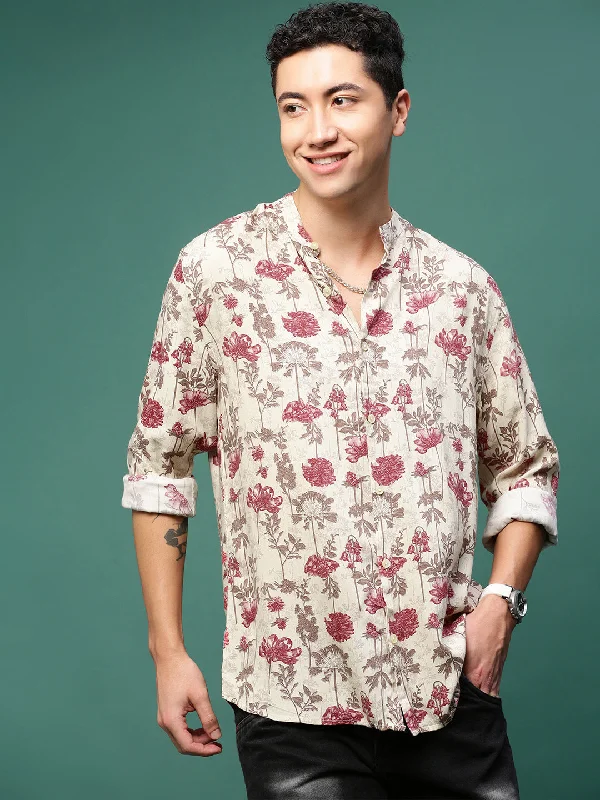 Men's Short - Sleeve Linen Casual Shirts in Light Khaki for a Breathable Summer OptionMen Cream Floral Slim Fit Shirt Men's Short - Sleeve Linen Casual Shirts in Light Khaki for a Breathable Summer OptionMen Cream Floral Slim Fit Shirt