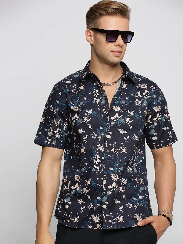 Plus Size Men's Plaid Flannel Casual Shirts in Earth Tones for a Cozy Fall OutfitMen Navy Blue Spread Collar Floral Shirt Plus Size Men's Plaid Flannel Casual Shirts in Earth Tones for a Cozy Fall OutfitMen Navy Blue Spread Collar Floral Shirt