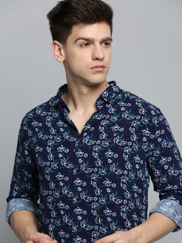Men's Slim - Fit Printed Floral Casual Shirts in Pastel Colors for a Spring - Inspired VibeMen Navy Printed Casual Shirt Men's Slim - Fit Printed Floral Casual Shirts in Pastel Colors for a Spring - Inspired VibeMen Navy Printed Casual Shirt