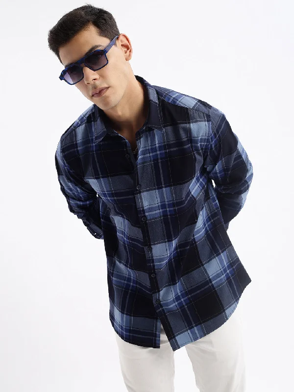 Men's Embroidered Detail Casual Shirts in Beige for a Touch of EleganceMen Spread Collar Checked Slim Fit Navy Blue Shirt Men's Embroidered Detail Casual Shirts in Beige for a Touch of EleganceMen Spread Collar Checked Slim Fit Navy Blue Shirt