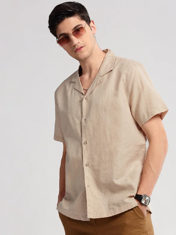 Men's Button - Down Oxford Casual Shirts in Crisp White for a Classic and Versatile StyleMen Cuban Collar Solid Beige Casual Shirt Men's Button - Down Oxford Casual Shirts in Crisp White for a Classic and Versatile StyleMen Cuban Collar Solid Beige Casual Shirt