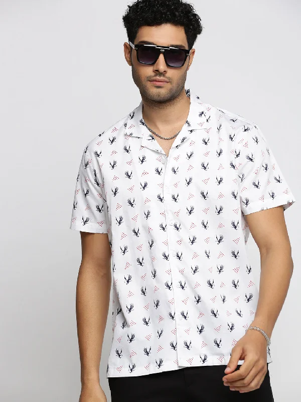 Men's Graphic - Printed Casual Shirts with Pop - Culture References for a Fun and Stylish LookMen White Cuban Collar Graphic Shirt Men's Graphic - Printed Casual Shirts with Pop - Culture References for a Fun and Stylish LookMen White Cuban Collar Graphic Shirt