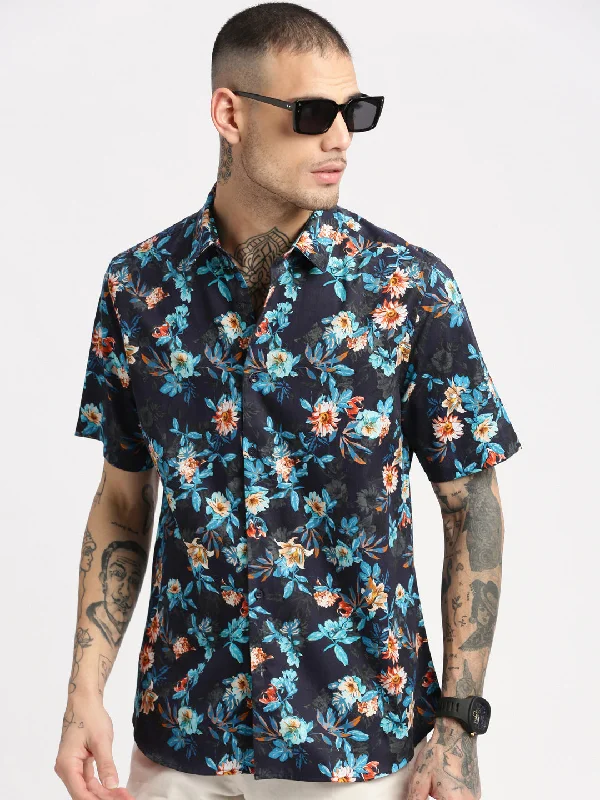 Plus Size Men's Plaid Flannel Casual Shirts in Earth Tones for a Cozy Fall OutfitMen Spread Collar Floral Navy Blue Casual Shirt Plus Size Men's Plaid Flannel Casual Shirts in Earth Tones for a Cozy Fall OutfitMen Spread Collar Floral Navy Blue Casual Shirt