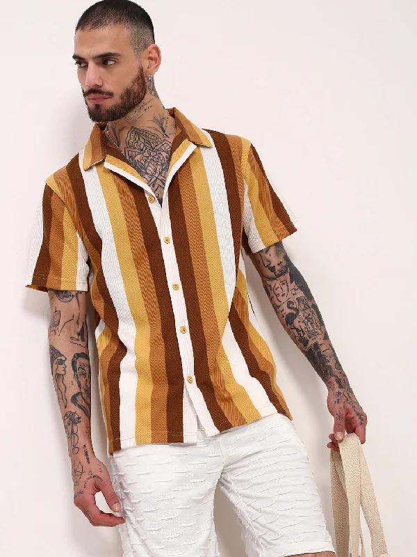 Plus Size Men's Plaid Flannel Casual Shirts in Earth Tones for a Cozy Fall OutfitMen Mustard Striped Cuban Collar Shirt Plus Size Men's Plaid Flannel Casual Shirts in Earth Tones for a Cozy Fall OutfitMen Mustard Striped Cuban Collar Shirt