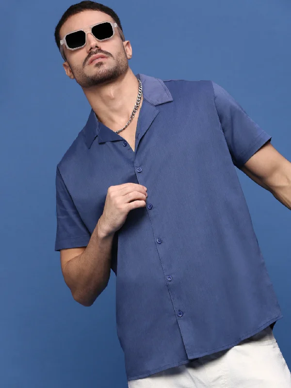 Men's Graphic - Printed Casual Shirts with Pop - Culture References for a Fun and Stylish LookMen Blue Solid Cuban Collar Shirt Men's Graphic - Printed Casual Shirts with Pop - Culture References for a Fun and Stylish LookMen Blue Solid Cuban Collar Shirt