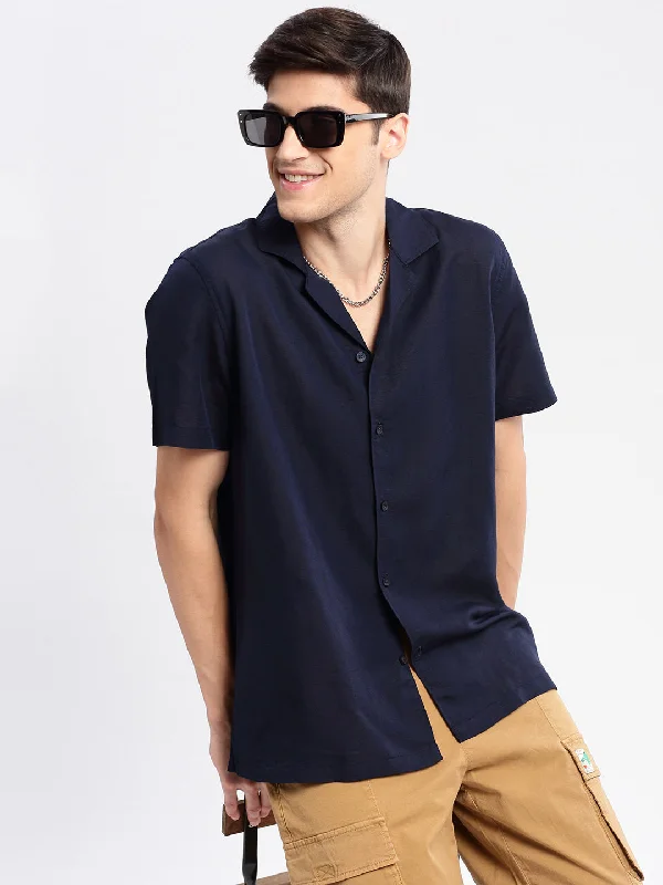Men's Slim - Fit Printed Floral Casual Shirts in Pastel Colors for a Spring - Inspired VibeMen Cuban Collar Solid Navy Blue Casual Shirt Men's Slim - Fit Printed Floral Casual Shirts in Pastel Colors for a Spring - Inspired VibeMen Cuban Collar Solid Navy Blue Casual Shirt
