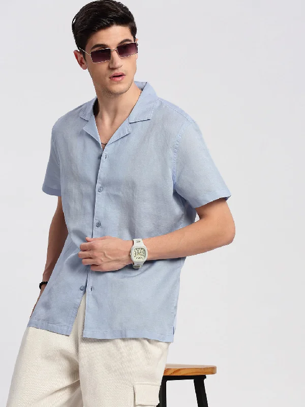 Men's Stretch - Fabric Casual Shirts in Navy Blue for a Comfortable and Flexible FitMen Cuban Collar Solid Blue Casual Shirt Men's Stretch - Fabric Casual Shirts in Navy Blue for a Comfortable and Flexible FitMen Cuban Collar Solid Blue Casual Shirt