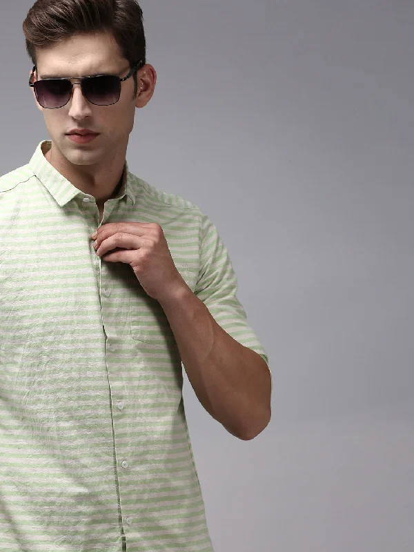 Men's Embroidered Detail Casual Shirts in Beige for a Touch of EleganceMen Green Striped Casual Shirt Men's Embroidered Detail Casual Shirts in Beige for a Touch of EleganceMen Green Striped Casual Shirt
