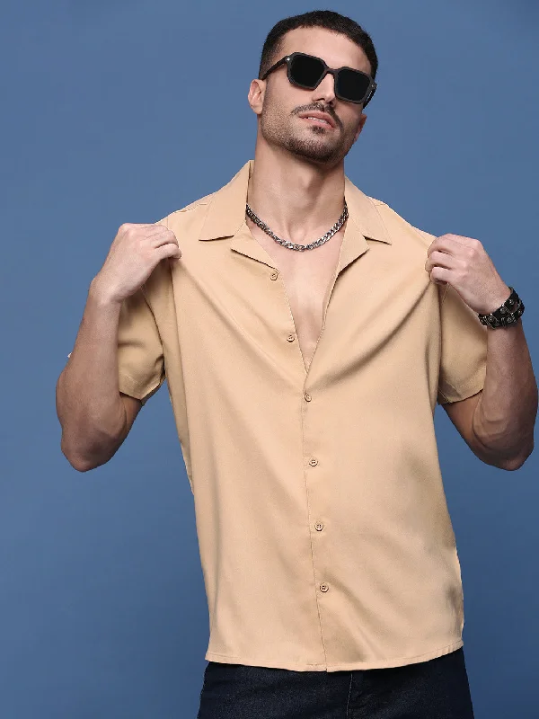 Men's Distressed Denim Casual Shirts with Frayed Edges for a Trendy and Rugged LookMen Beige Solid Cuban Collar Shirt Men's Distressed Denim Casual Shirts with Frayed Edges for a Trendy and Rugged LookMen Beige Solid Cuban Collar Shirt