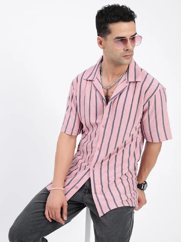 Men's Wrinkle - Resistant Polyester Blend Casual Shirts for Easy Travel and MaintenanceMen Striped Pink Relaxed Fit Shirt Men's Wrinkle - Resistant Polyester Blend Casual Shirts for Easy Travel and MaintenanceMen Striped Pink Relaxed Fit Shirt