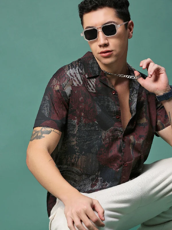 Men's Organic Cotton Casual Shirts with a Soft Handfeel for Everyday ComfortMen Maroon Abstract Cuban Collar Shirt