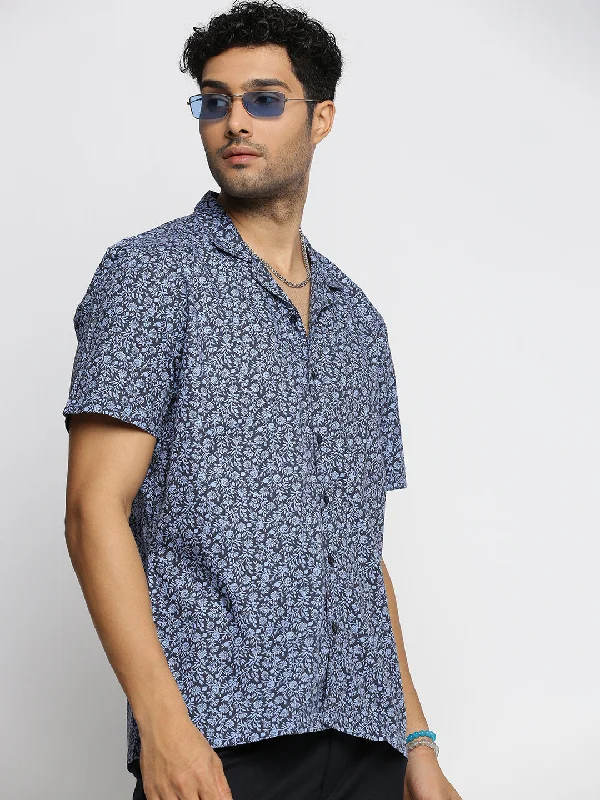 Men's Moisture - Wicking Performance Fabric Casual Shirts for Outdoor ActivitiesMen Blue Cuban Collar Floral Shirt Men's Moisture - Wicking Performance Fabric Casual Shirts for Outdoor ActivitiesMen Blue Cuban Collar Floral Shirt