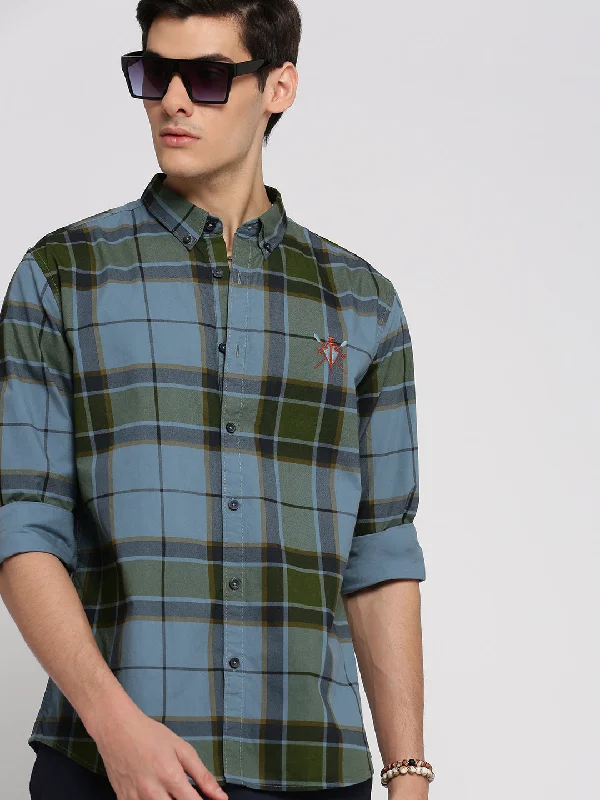 Men's Sustainable Recycled Material Casual Shirts for Eco - Conscious ConsumersMen Blue Spread Collar Tartan Checks Shirt Men's Sustainable Recycled Material Casual Shirts for Eco - Conscious ConsumersMen Blue Spread Collar Tartan Checks Shirt