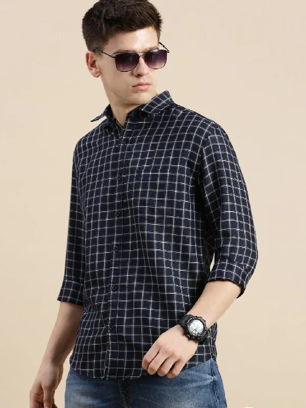 Men's Long - Line Oversized Casual Shirts in Dark Gray for a Relaxed and Modern LookMen Spread Collar Checked Navy Blue Shirt Men's Long - Line Oversized Casual Shirts in Dark Gray for a Relaxed and Modern LookMen Spread Collar Checked Navy Blue Shirt