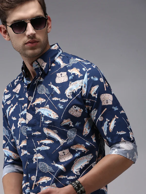 Plus Size Men's Striped Chambray Casual Shirts with a Spread Collar for a Preppy AppearanceMen Blue Printed Casual Shirt Plus Size Men's Striped Chambray Casual Shirts with a Spread Collar for a Preppy AppearanceMen Blue Printed Casual Shirt