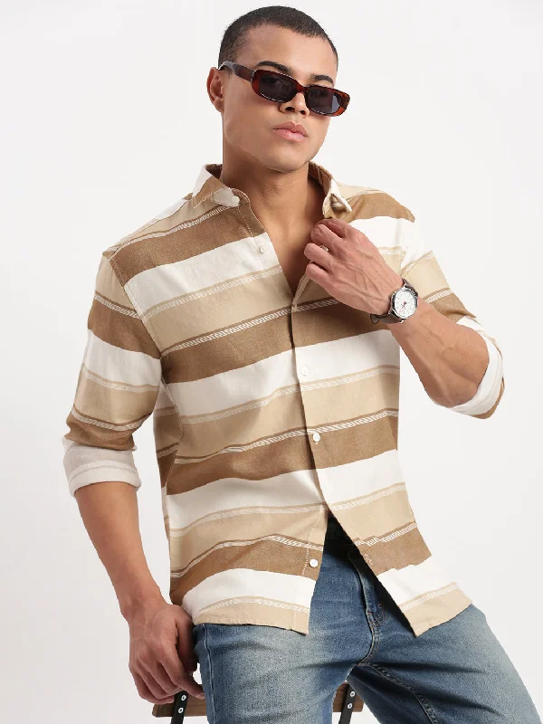 Men's Thermal - Lined Casual Shirts in Black for Added Warmth in Cold WeatherMen Horizontal Stripes Brown Shirt Men's Thermal - Lined Casual Shirts in Black for Added Warmth in Cold WeatherMen Horizontal Stripes Brown Shirt