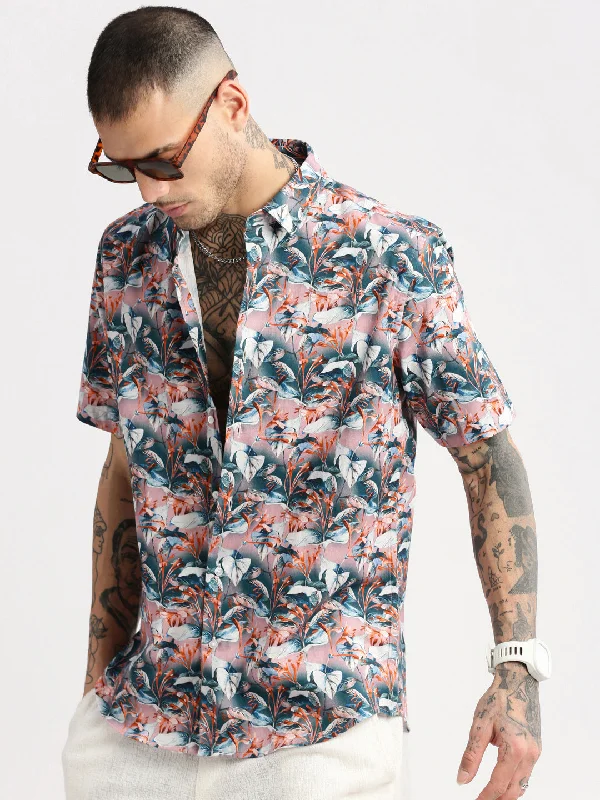Men's Linen Blend Casual Shirts with Roll - Up Sleeves for a Summer Beach LookMen Spread Collar Floral Teal Casual Shirt Men's Linen Blend Casual Shirts with Roll - Up Sleeves for a Summer Beach LookMen Spread Collar Floral Teal Casual Shirt