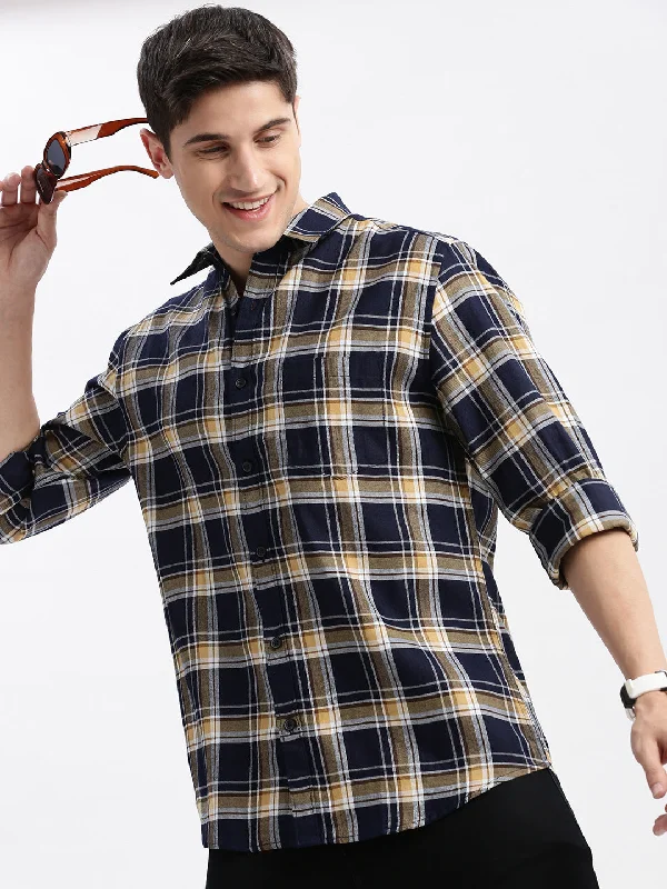 Men's Tailored Fit Checkered Casual Shirts in Multicolor for a Smart - Casual EnsembleMen Spread Collar Tartan Checks Navy Blue Shirt Men's Tailored Fit Checkered Casual Shirts in Multicolor for a Smart - Casual EnsembleMen Spread Collar Tartan Checks Navy Blue Shirt
