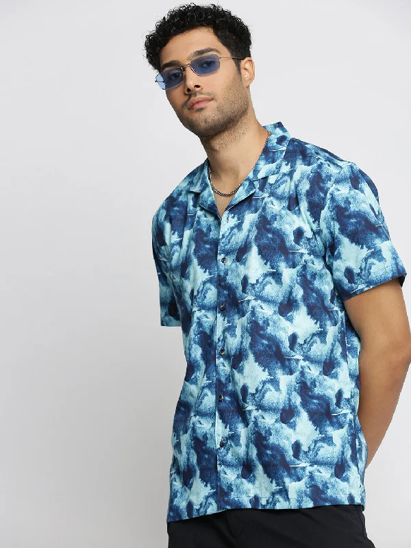 Men's Short - Sleeve Linen Casual Shirts in Light Khaki for a Breathable Summer OptionMen Teal Cuban Collar Abstract Shirt Men's Short - Sleeve Linen Casual Shirts in Light Khaki for a Breathable Summer OptionMen Teal Cuban Collar Abstract Shirt