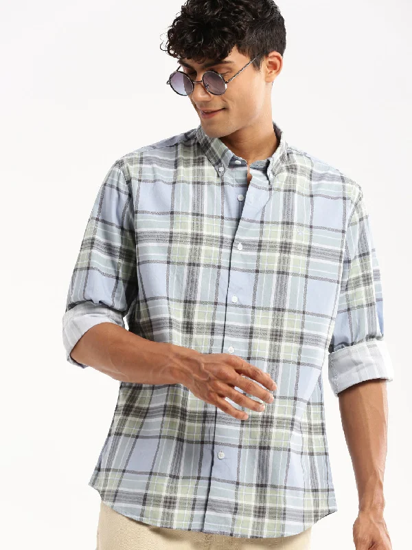 Men's Thermal - Lined Casual Shirts in Black for Added Warmth in Cold WeatherMen Blue Spread Collar Tartan Checks Shirt Men's Thermal - Lined Casual Shirts in Black for Added Warmth in Cold WeatherMen Blue Spread Collar Tartan Checks Shirt