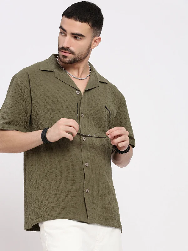 Plus Size Men's Striped Chambray Casual Shirts with a Spread Collar for a Preppy AppearanceMen Olive Cuban Collar Solid Shirt Plus Size Men's Striped Chambray Casual Shirts with a Spread Collar for a Preppy AppearanceMen Olive Cuban Collar Solid Shirt