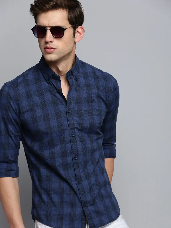 Men's Embroidered Detail Casual Shirts in Beige for a Touch of EleganceMen Navy Checked Casual Shirt