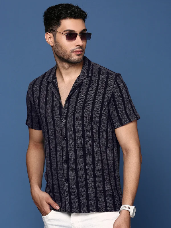 Plus Size Men's Striped Chambray Casual Shirts with a Spread Collar for a Preppy AppearanceMen Cuban Collar Striped Charcoal Relaxed Fit Shirt Plus Size Men's Striped Chambray Casual Shirts with a Spread Collar for a Preppy AppearanceMen Cuban Collar Striped Charcoal Relaxed Fit Shirt