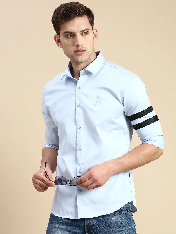 Plus Size Men's Striped Chambray Casual Shirts with a Spread Collar for a Preppy AppearanceMen Blue Solid Casual Shirt Plus Size Men's Striped Chambray Casual Shirts with a Spread Collar for a Preppy AppearanceMen Blue Solid Casual Shirt