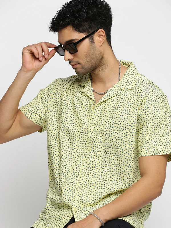 Men's Linen Blend Casual Shirts with Roll - Up Sleeves for a Summer Beach LookMen Yellow Cuban Collar Floral Shirt Men's Linen Blend Casual Shirts with Roll - Up Sleeves for a Summer Beach LookMen Yellow Cuban Collar Floral Shirt