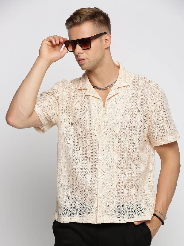 Men's Long - Line Oversized Casual Shirts in Dark Gray for a Relaxed and Modern LookMen Cream Cuban Collar Solid Crochet Shirt Men's Long - Line Oversized Casual Shirts in Dark Gray for a Relaxed and Modern LookMen Cream Cuban Collar Solid Crochet Shirt