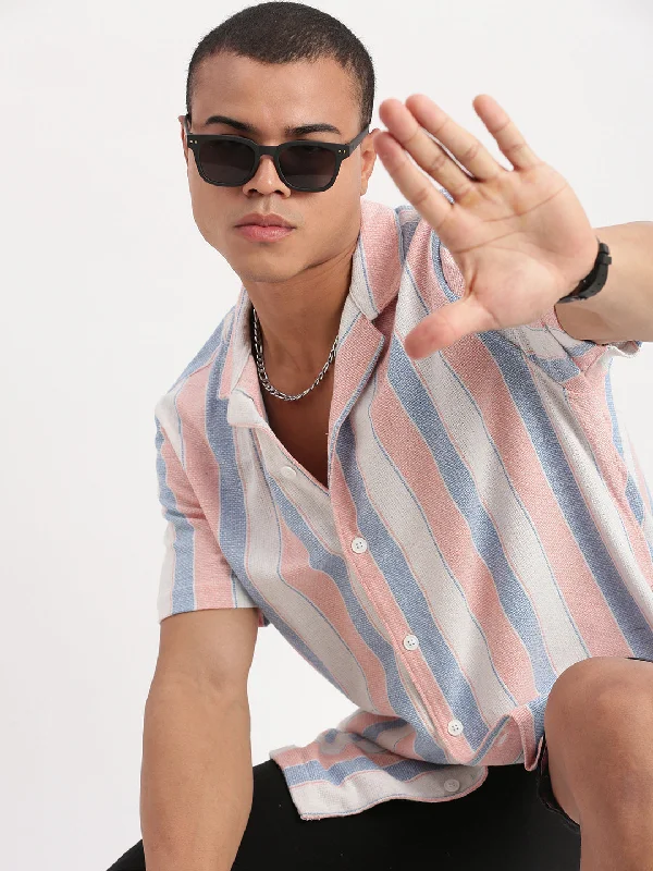 Plus Size Men's Striped Chambray Casual Shirts with a Spread Collar for a Preppy AppearanceMen Cuban Collar Vertical Stripes White Shirt Plus Size Men's Striped Chambray Casual Shirts with a Spread Collar for a Preppy AppearanceMen Cuban Collar Vertical Stripes White Shirt