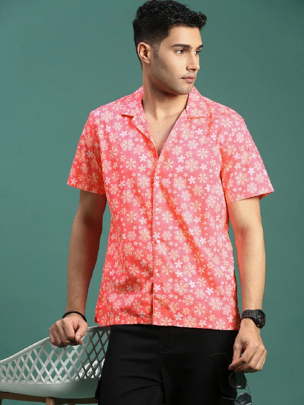Men's Slim - Fit Printed Floral Casual Shirts in Pastel Colors for a Spring - Inspired VibeMen Cuban Collar Floral Coral Relaxed Fit Shirt Men's Slim - Fit Printed Floral Casual Shirts in Pastel Colors for a Spring - Inspired VibeMen Cuban Collar Floral Coral Relaxed Fit Shirt