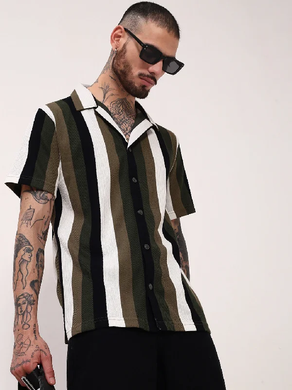 Men's Button - Down Oxford Casual Shirts in Crisp White for a Classic and Versatile StyleMen Olive Striped Cuban Collar Shirt Men's Button - Down Oxford Casual Shirts in Crisp White for a Classic and Versatile StyleMen Olive Striped Cuban Collar Shirt