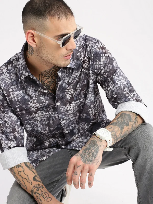 Men's Sustainable Recycled Material Casual Shirts for Eco - Conscious ConsumersMen Spread Collar Geometric Grey Casual Shirt Men's Sustainable Recycled Material Casual Shirts for Eco - Conscious ConsumersMen Spread Collar Geometric Grey Casual Shirt