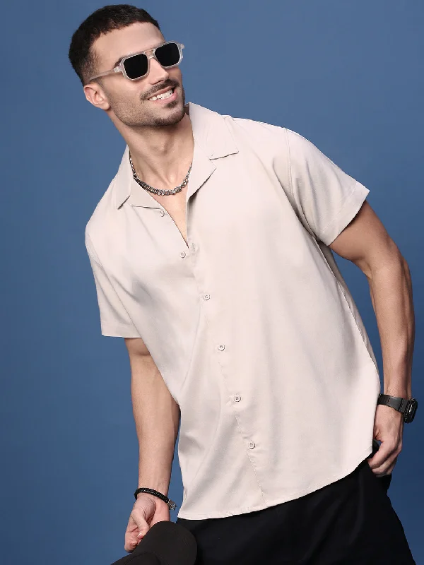 Men's Stretch - Fabric Casual Shirts in Navy Blue for a Comfortable and Flexible FitMen Cream Solid Cuban Collar Shirt Men's Stretch - Fabric Casual Shirts in Navy Blue for a Comfortable and Flexible FitMen Cream Solid Cuban Collar Shirt