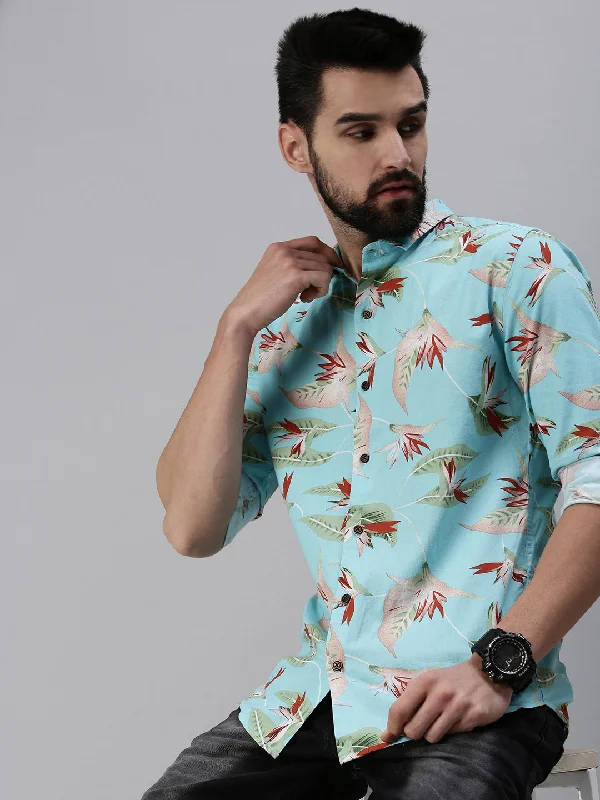 Men's Sustainable Recycled Material Casual Shirts for Eco - Conscious ConsumersMen Spread Collar Printed Blue Shirt Men's Sustainable Recycled Material Casual Shirts for Eco - Conscious ConsumersMen Spread Collar Printed Blue Shirt