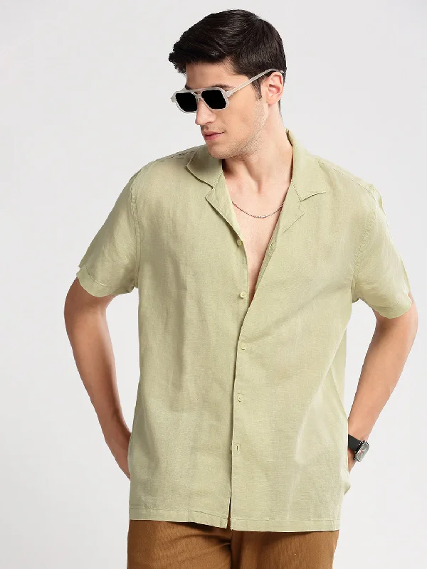 Men's Embroidered Detail Casual Shirts in Beige for a Touch of EleganceMen Cuban Collar Solid Green Casual Shirt