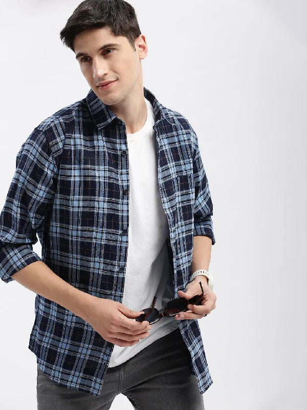 Men's Retro - Style Hawaiian Print Casual Shirts in Bold Patterns for a Tropical VacationMen Spread Collar Tartan Checks Blue Shirt Men's Retro - Style Hawaiian Print Casual Shirts in Bold Patterns for a Tropical VacationMen Spread Collar Tartan Checks Blue Shirt