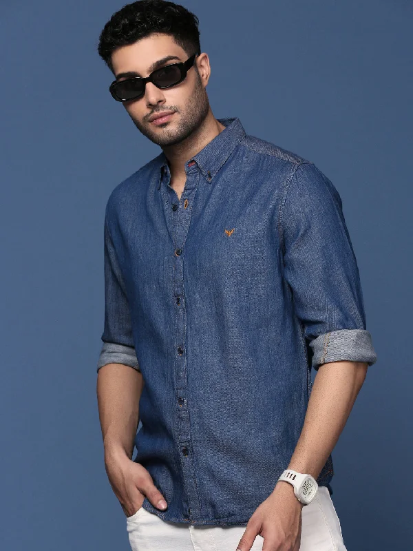 Men's Thermal - Lined Casual Shirts in Black for Added Warmth in Cold WeatherMen Solid Navy Blue Slim Fit Shirt Men's Thermal - Lined Casual Shirts in Black for Added Warmth in Cold WeatherMen Solid Navy Blue Slim Fit Shirt