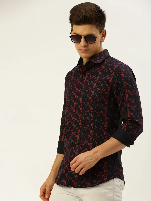 Men's Slim - Fit Printed Floral Casual Shirts in Pastel Colors for a Spring - Inspired VibeMen Navy Printed Casual Shirt Men's Slim - Fit Printed Floral Casual Shirts in Pastel Colors for a Spring - Inspired VibeMen Navy Printed Casual Shirt