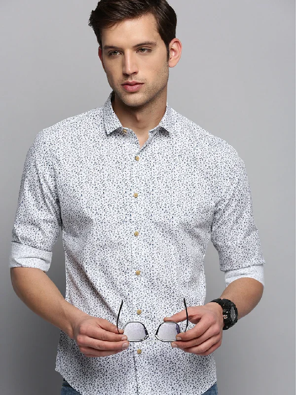 Men's Two - Tone Contrast Panel Casual Shirts in White and Navy for a Stylish and Eye - Catching DesignMen White Printed Casual Shirt Men's Two - Tone Contrast Panel Casual Shirts in White and Navy for a Stylish and Eye - Catching DesignMen White Printed Casual Shirt