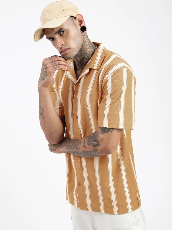 Men's Sustainable Recycled Material Casual Shirts for Eco - Conscious ConsumersMen Striped Beige Relaxed Fit Shirt Men's Sustainable Recycled Material Casual Shirts for Eco - Conscious ConsumersMen Striped Beige Relaxed Fit Shirt