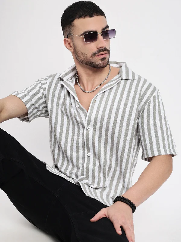 Men's Sustainable Recycled Material Casual Shirts for Eco - Conscious ConsumersMen Grey Cuban Collar Striped Shirt Men's Sustainable Recycled Material Casual Shirts for Eco - Conscious ConsumersMen Grey Cuban Collar Striped Shirt