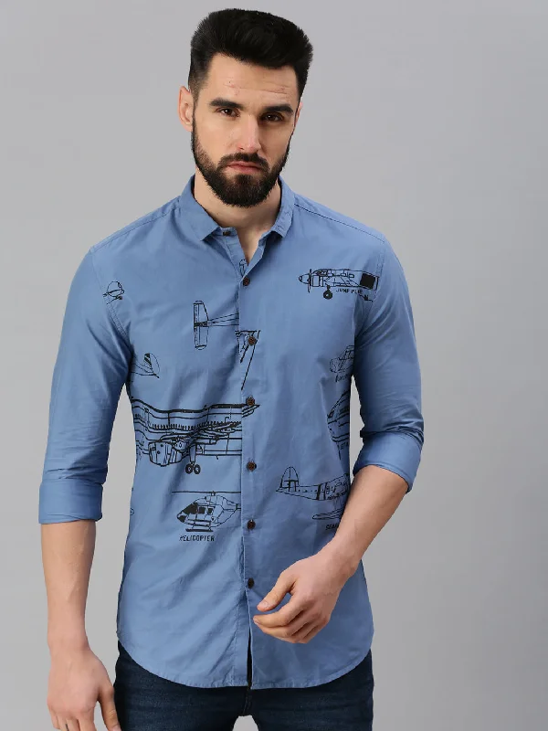 Men's Distressed Denim Casual Shirts with Frayed Edges for a Trendy and Rugged LookMen Blue Printed Casual Shirt Men's Distressed Denim Casual Shirts with Frayed Edges for a Trendy and Rugged LookMen Blue Printed Casual Shirt