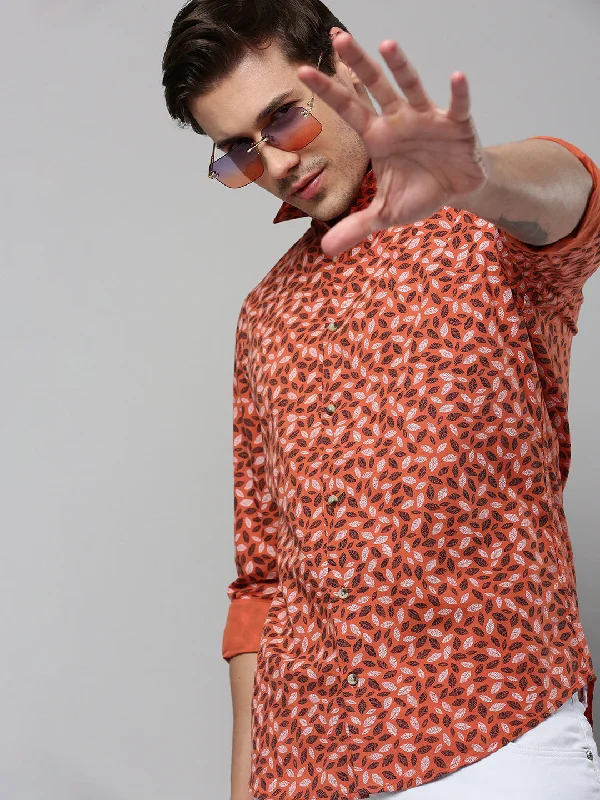 Men's Linen Blend Casual Shirts with Roll - Up Sleeves for a Summer Beach LookMen Orange Printed Casual Shirt Men's Linen Blend Casual Shirts with Roll - Up Sleeves for a Summer Beach LookMen Orange Printed Casual Shirt